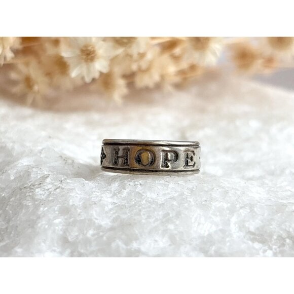 HOPE Carved Sterling Silver Adjustable Open Shank 925 Unisex Vintage Ring - sz 4 - Picture 14 of 15